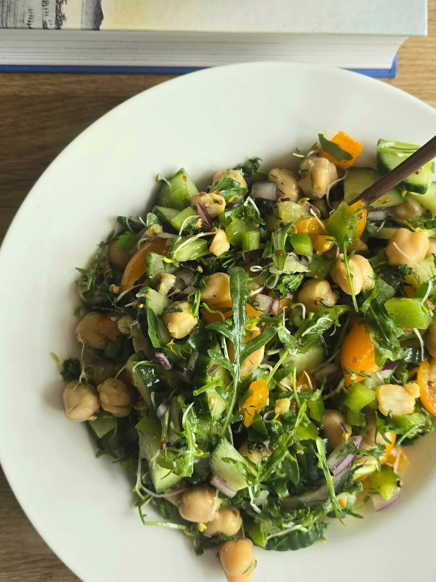A big bowl of freshness for lunch, and the satisfaction of having made it. 

Sometimes the most useful thing the shop does for me is stand between me and the temptation to eat badly when I'm tired. Most weeks I'd say roughly half of what I cook start