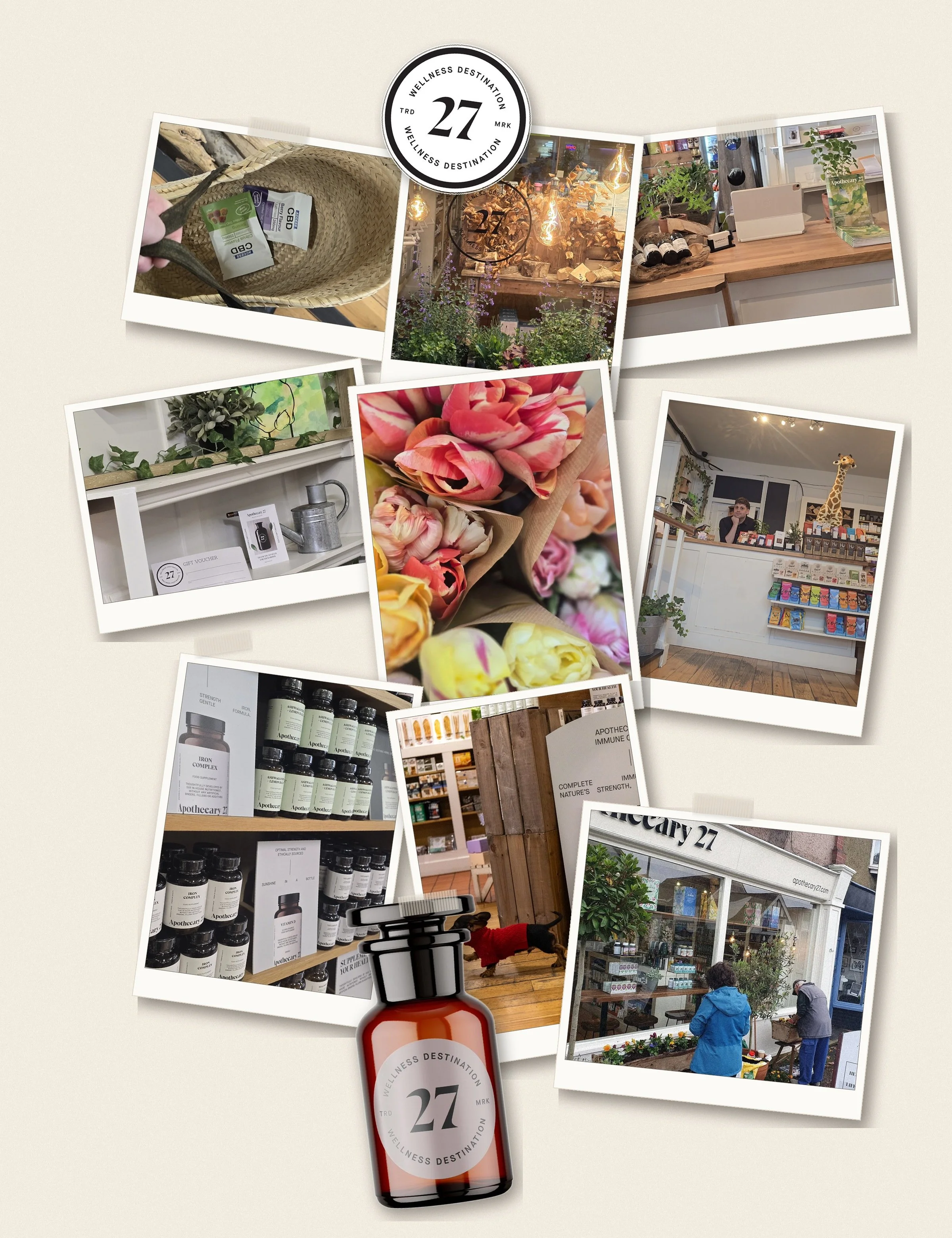 A collage of photos showcasing a wellness and herbal shop named 'Wellness Destination 27'. The photos include products like CBD supplements, herbal bottles, a gift voucher, fresh flowers, and scenes of the store with customers, plants, and decorative lighting.