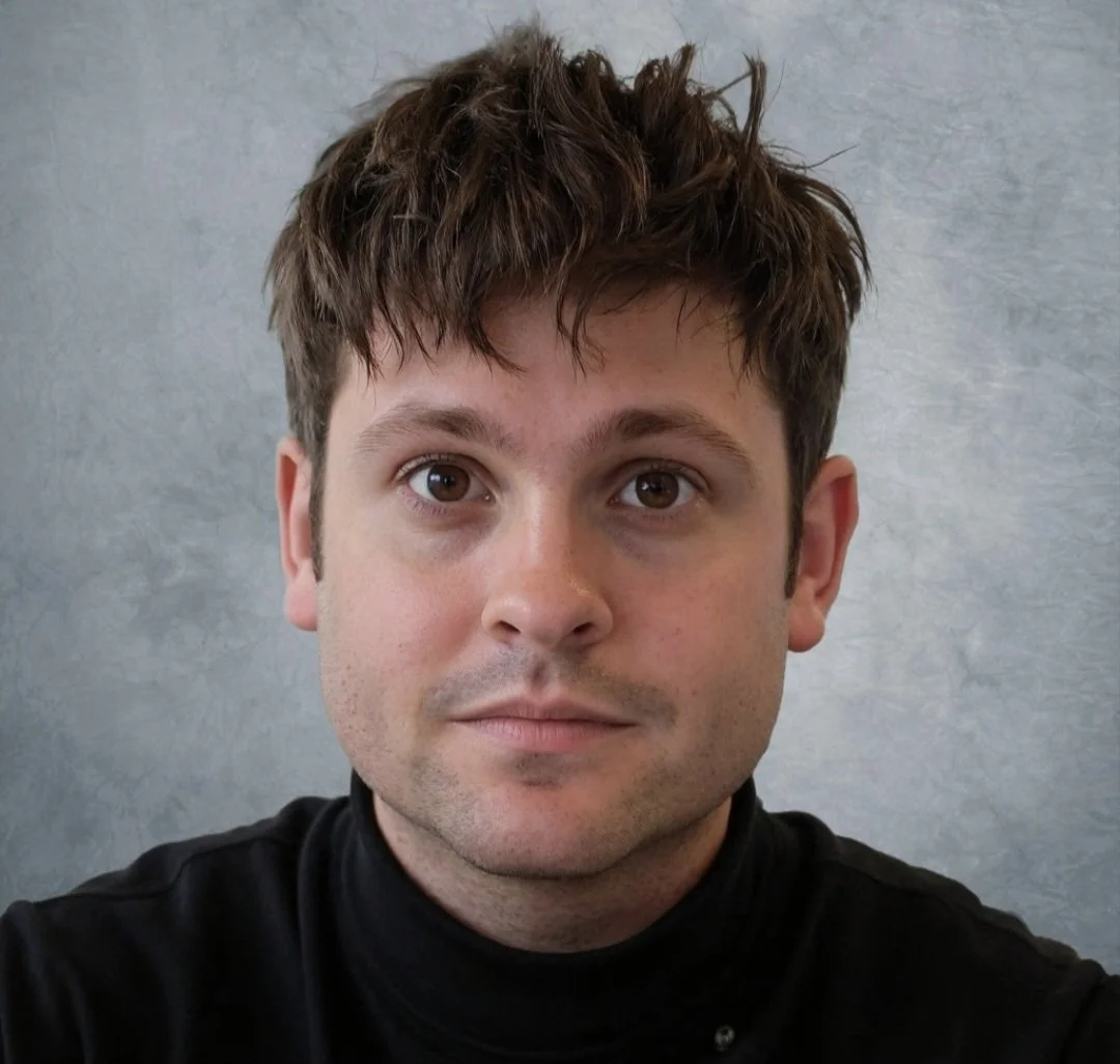 A young man with short brown hair, wearing a black turtleneck, looking directly at the camera with a neutral expression.