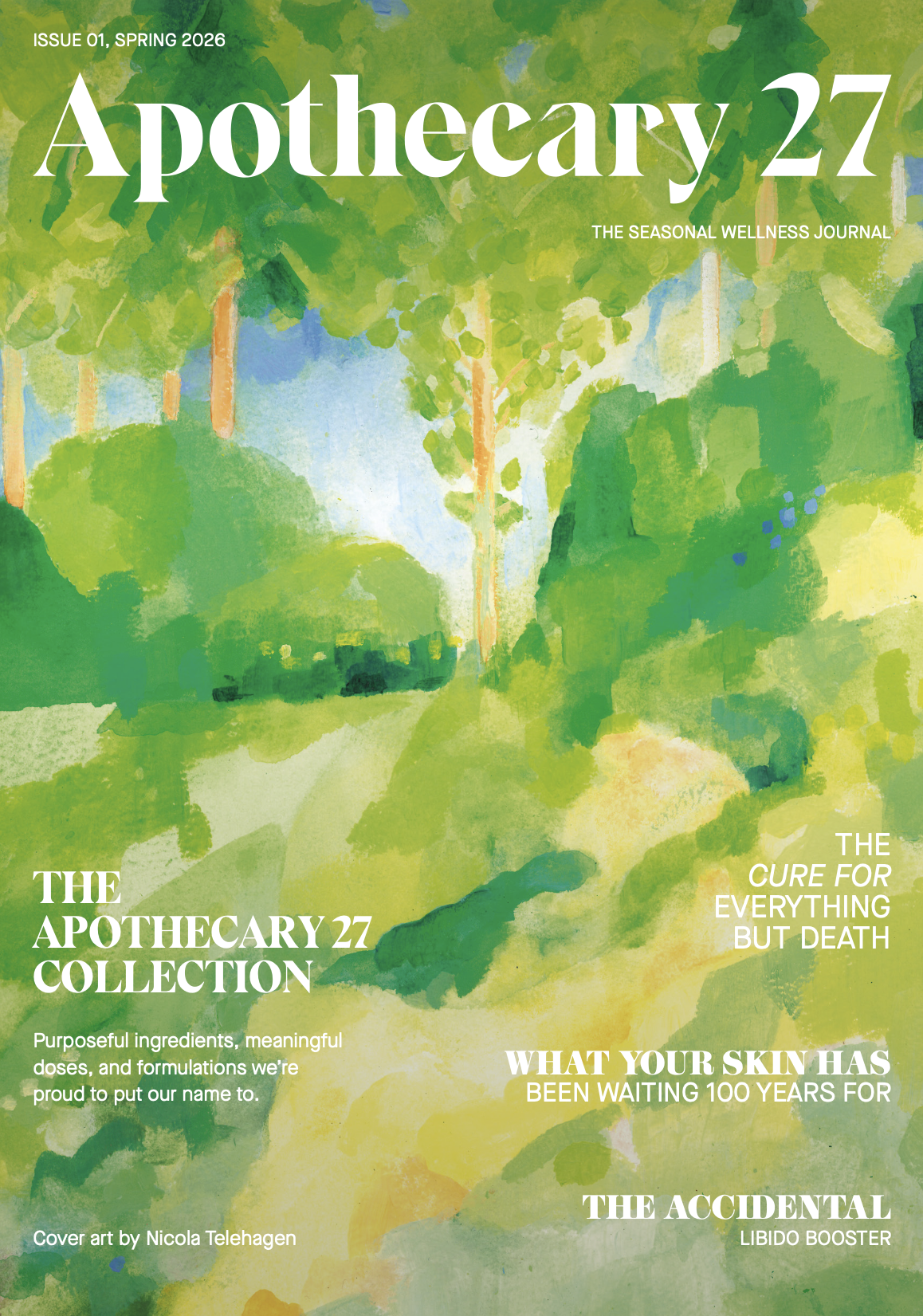 Cover of Apothcary 27 Spring 2026 issue featuring a colorful watercolor illustration of a lush green landscape with trees and foliage.