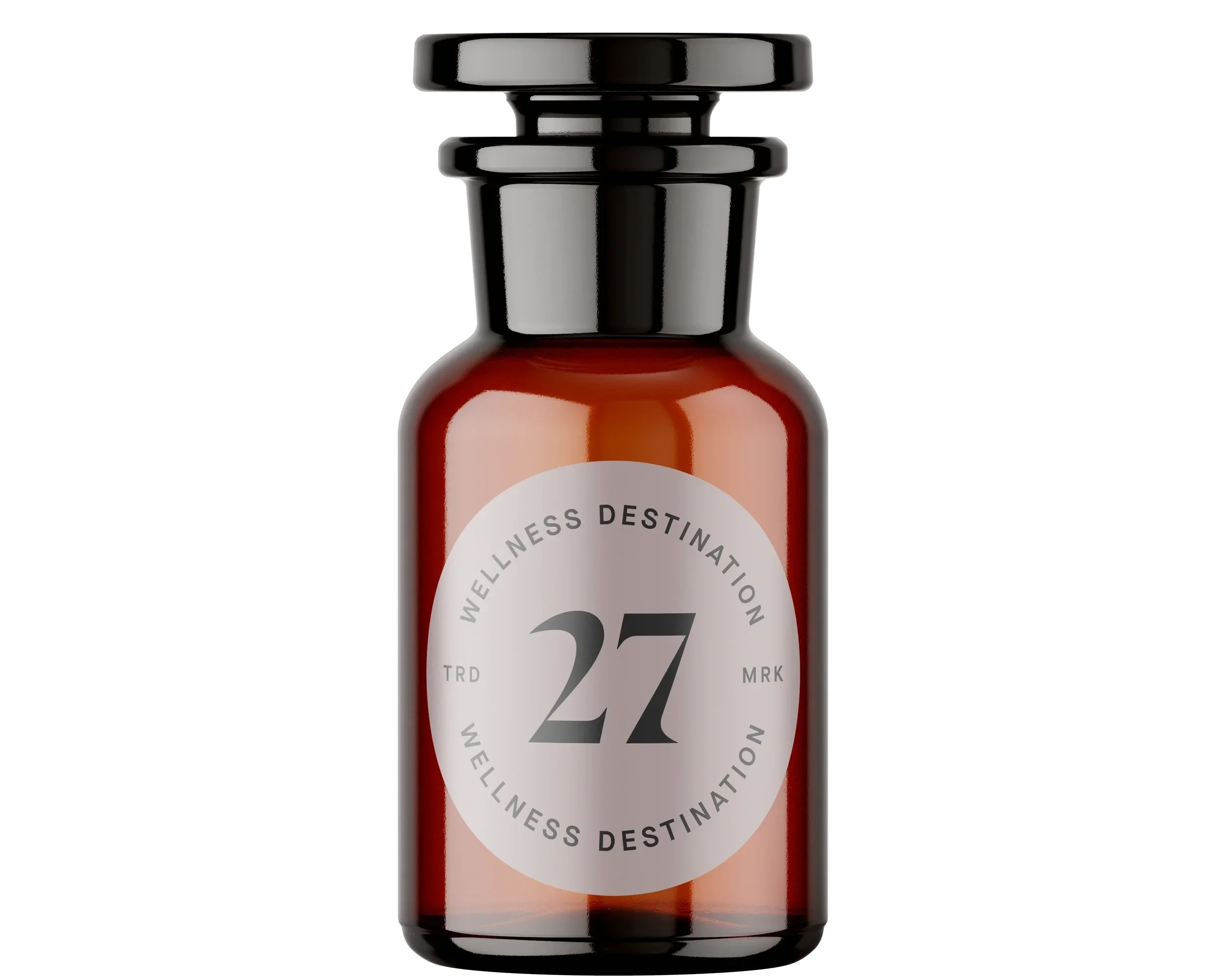 A bottle with a black cap and a white label displaying the number 27 and the words wellness and destination.