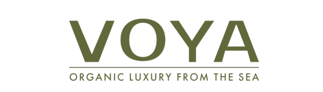 VOYA Organic Luxury from the Sea logo with dark background and green text.