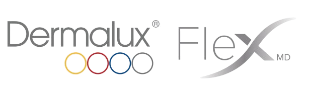 Close-up of a Dermatux logo with five colored circles (yellow, red, blue, black, gray) and a partial view of a medical or skincare device.