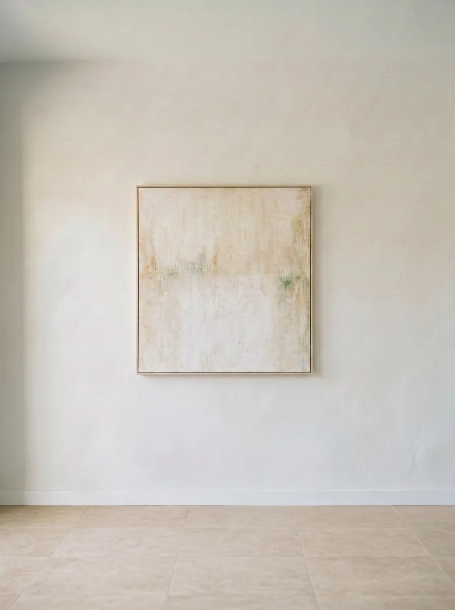 Minimalist art piece with light pastel colors hangs on a white wall in an art gallery, with beige floor tiles.