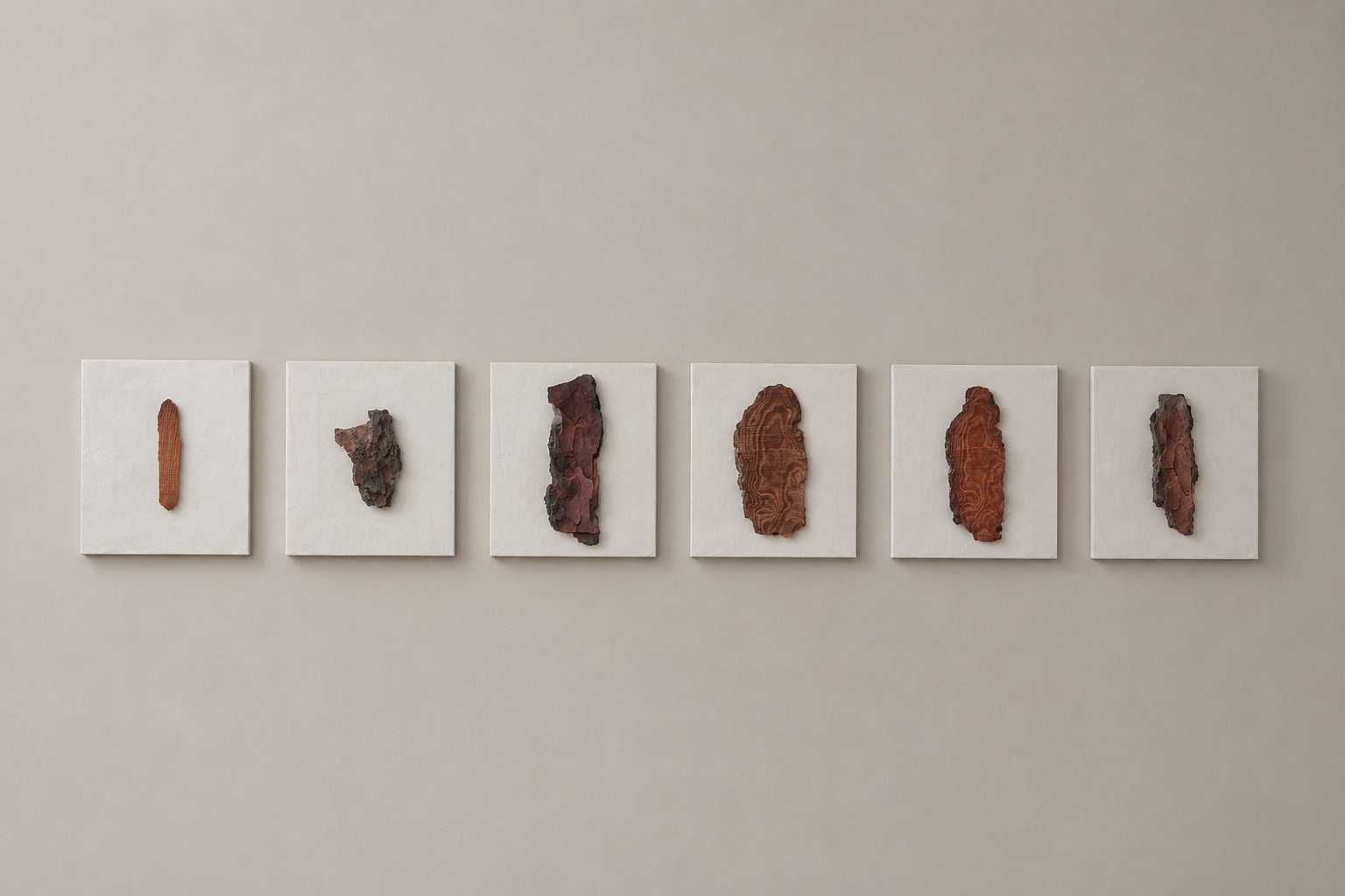 A row of six mounted pieces of wood on white plaques, each displaying a different type of wood grain and texture, arranged horizontally on a plain, light-colored wall.