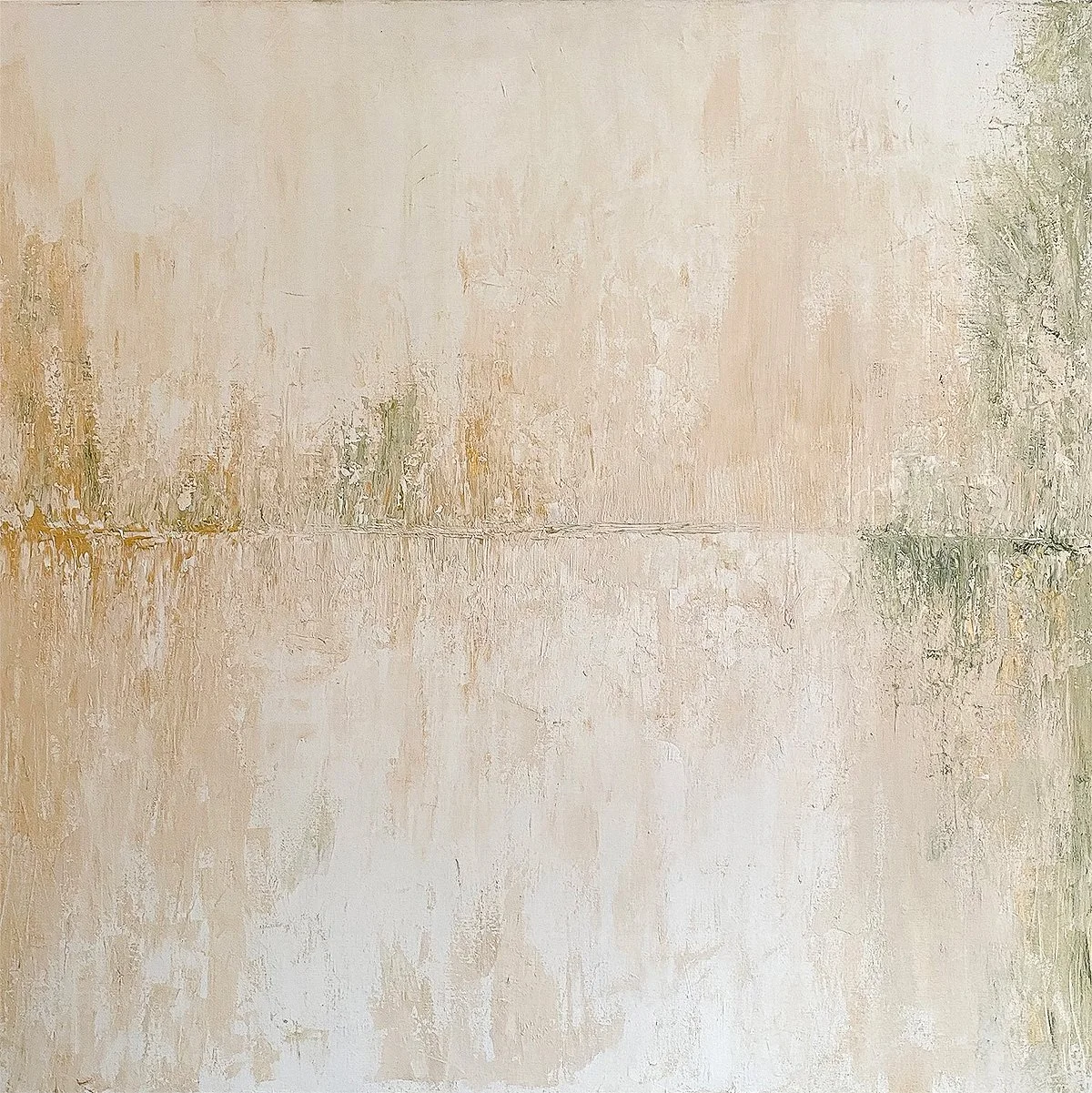 Abstract textured painting with shades of beige, light green, and hints of yellow and gray.