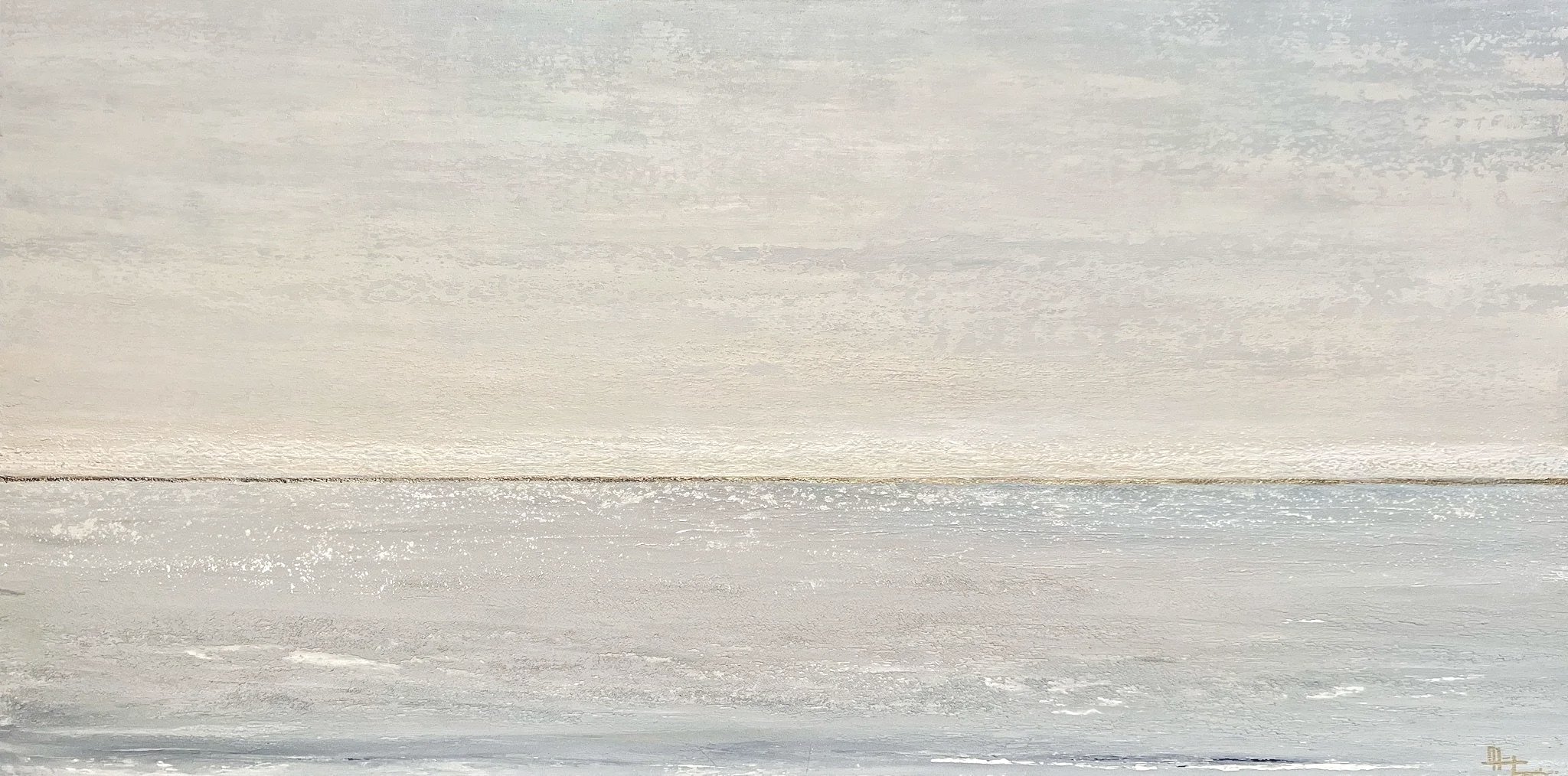 Abstract painting with horizontal brushstrokes in shades of white, gray, and light beige.