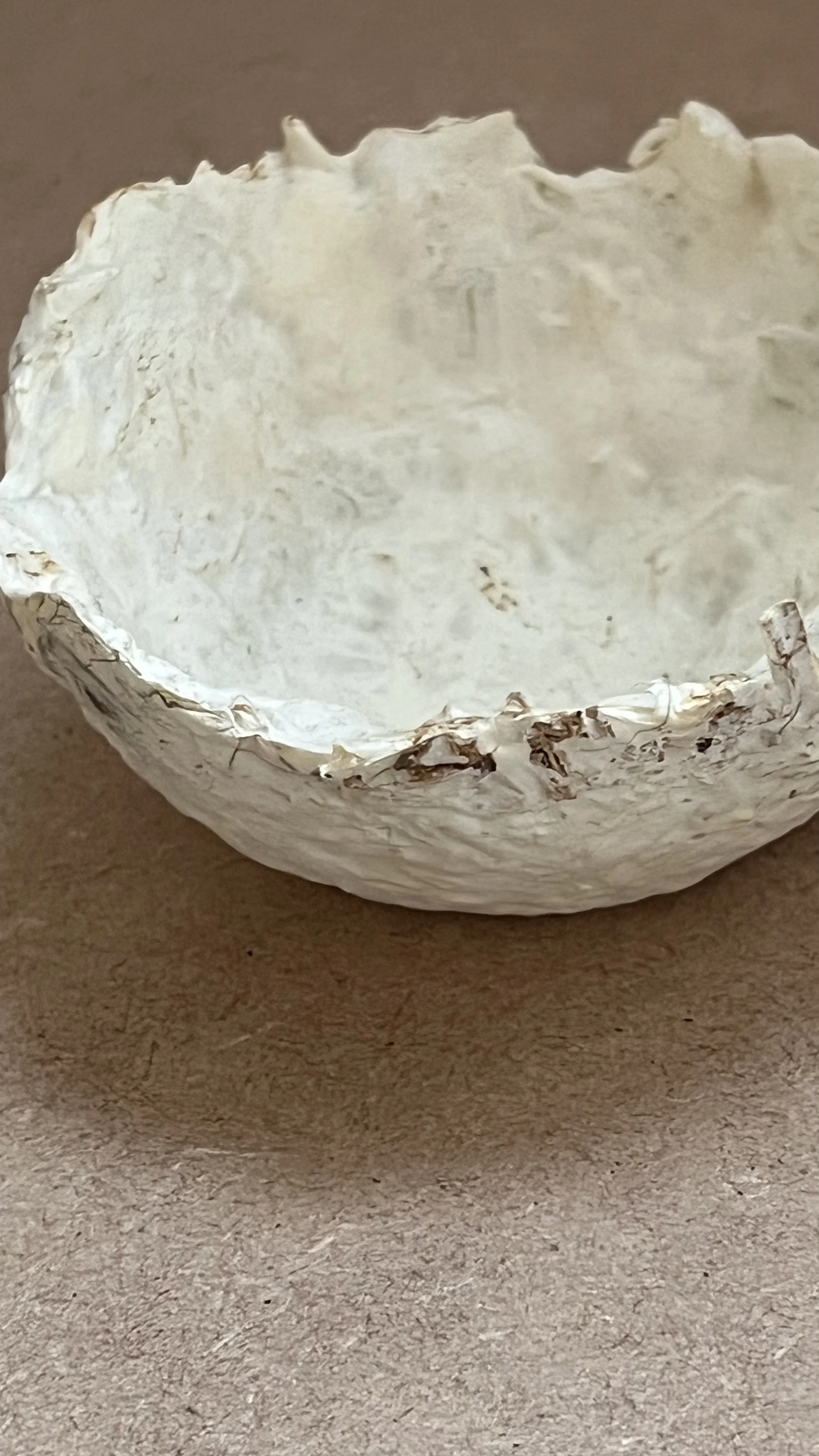 A close-up of a crumpled white paper bowl with some burnt marks on the edges, placed on a brown textured surface.