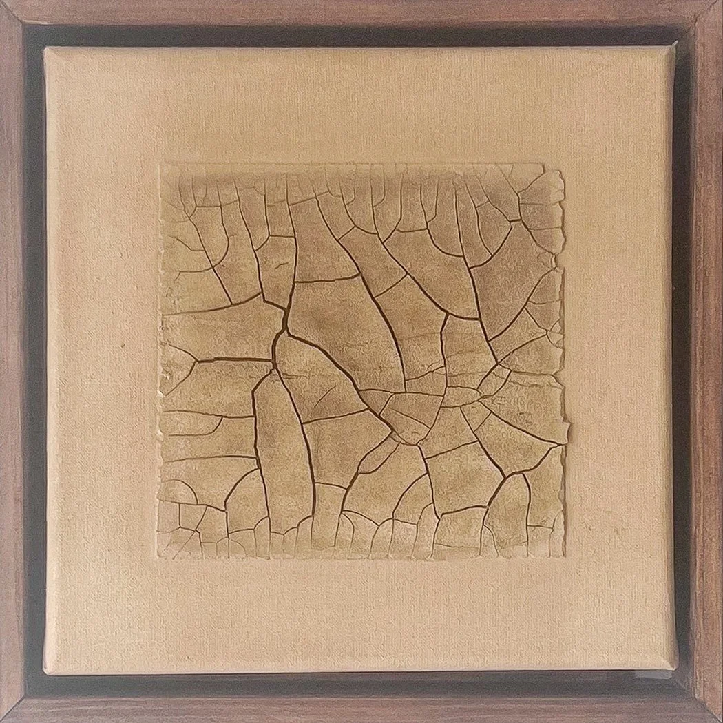 Close-up of a framed piece of artwork featuring a textured, cracked surface resembling dried, cracked earth or pottery, with a neutral beige and brown color palette.