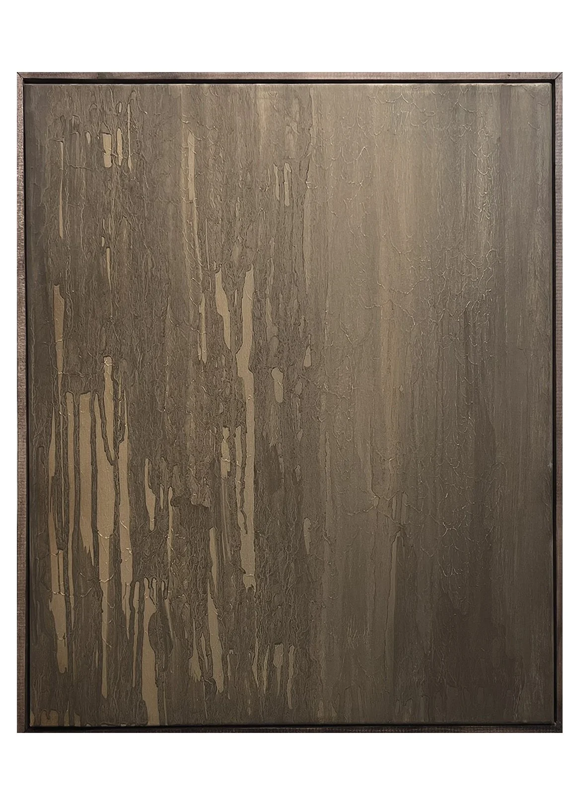 A metallic surface with water stains and streaks, framed with a wooden or dark-colored border.