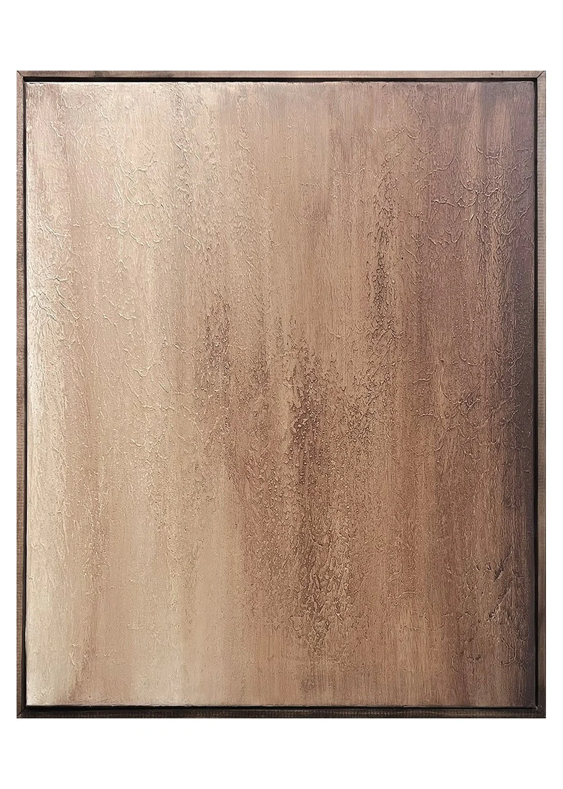A close-up view of a metallic cabinet door with a textured, brushed bronze finish and a thin border.