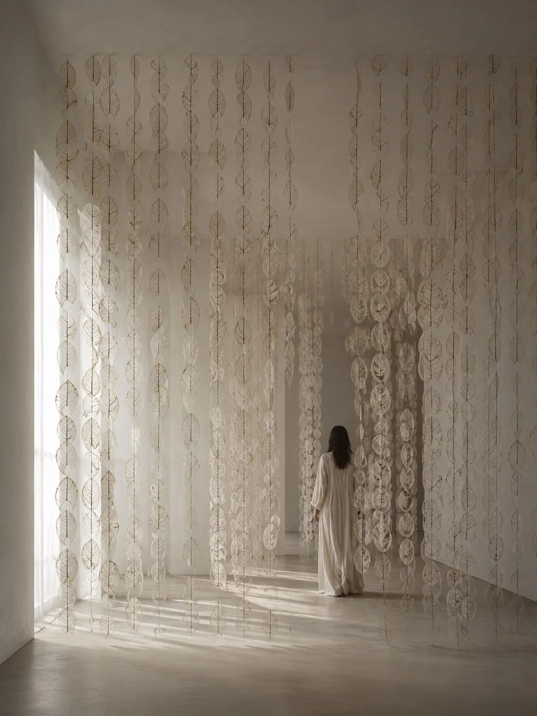 Woman in white dress walking through an art installation of hanging paper leaves in a minimal room with natural light.