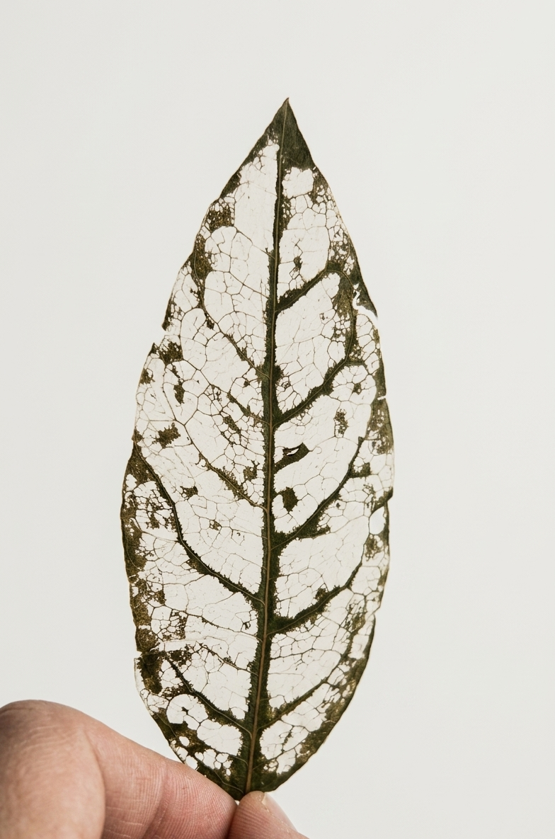 A hand holding a dried, skeletonized leaf with intricate vein patterns against a plain white background.