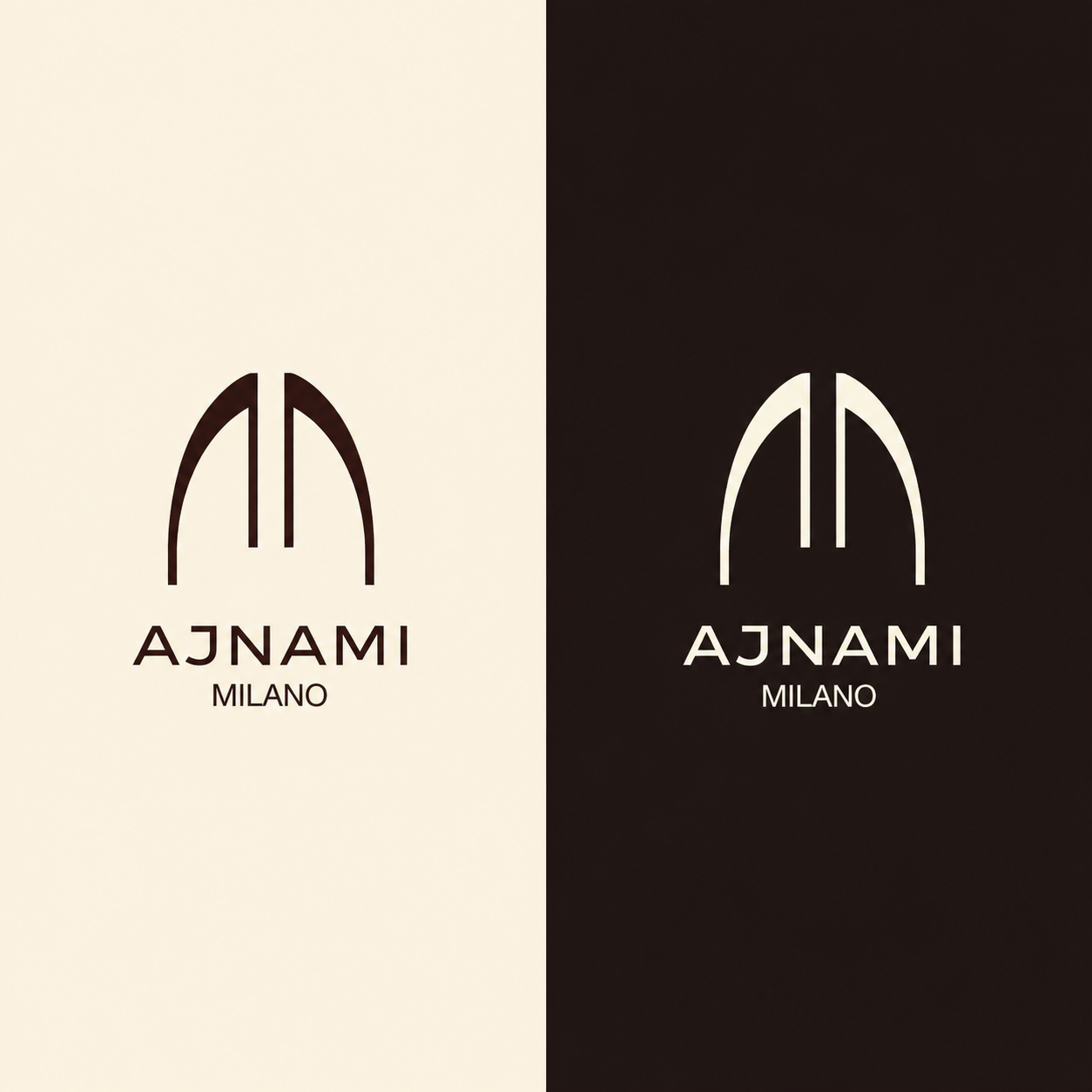 Comparison of two fashion brand logos for AJNAMI Milano, one on light background and one on dark background.