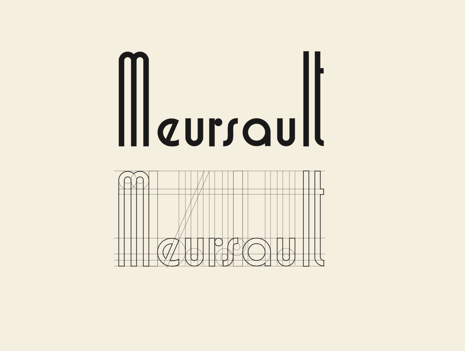 Design blueprint for the word 'mursault' showing the stylized font and grid layout.