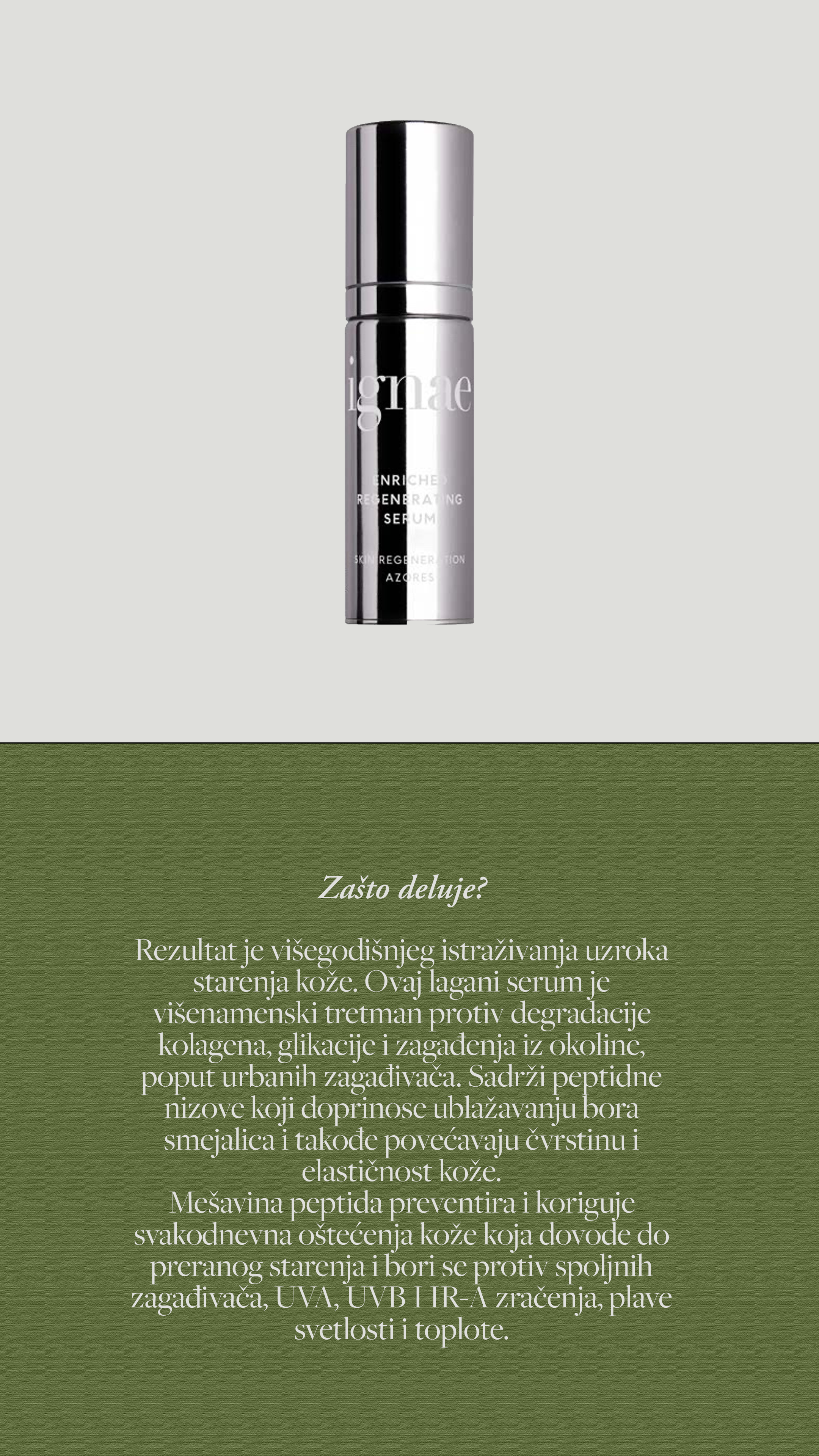A silver bottle of skincare serum with the text 'Enriches Rejuvenating Serum Skin Regeneration Azores' written on it, displayed against a light background. Below, there is text in Serbian discussing the benefits and ingredients of the serum.