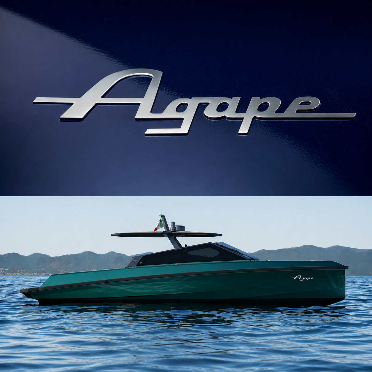 Close-up of a shiny silver 'Agape' emblem on a dark blue surface, with a luxury yacht sailing on water with mountains in the background.