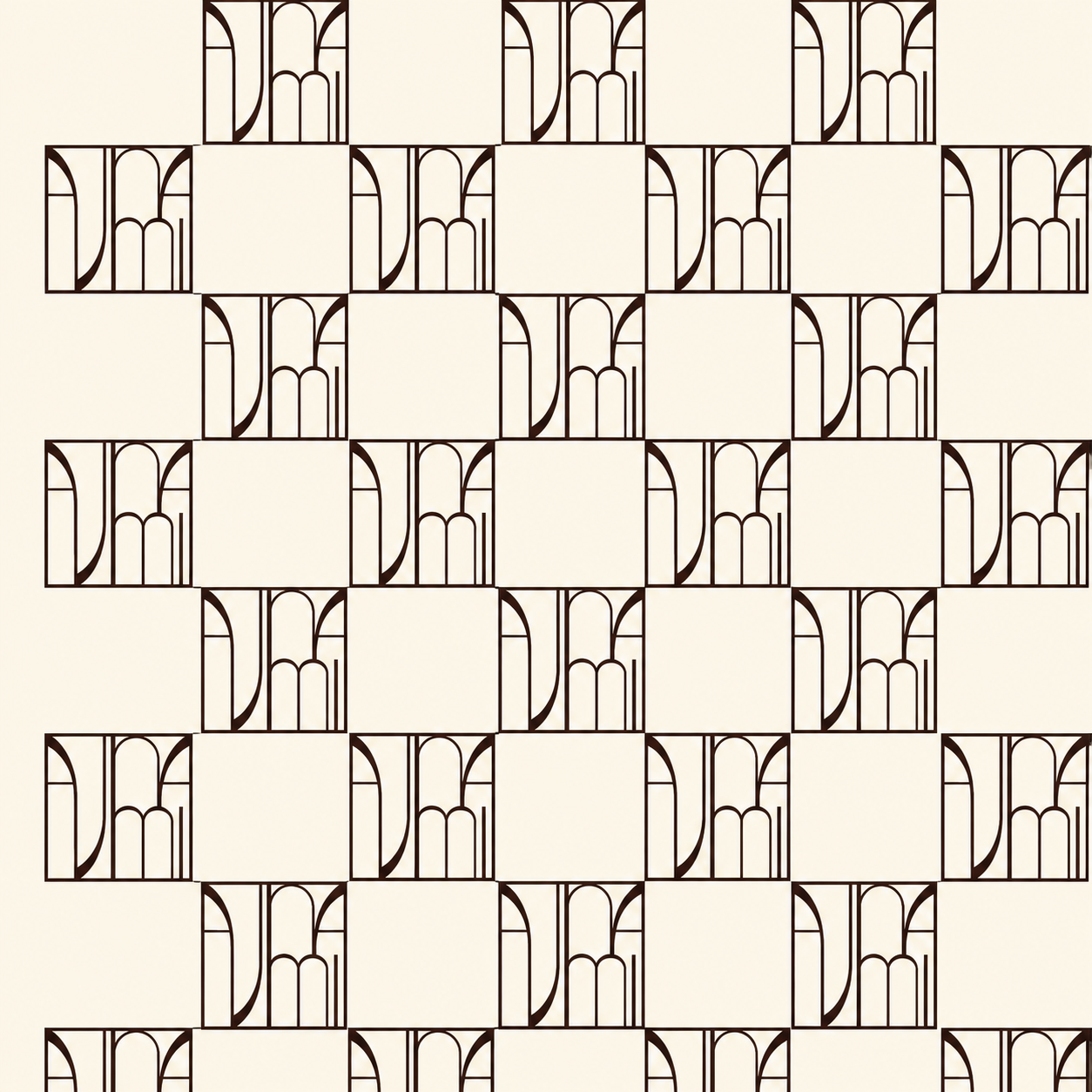 A patterned wallpaper with a repeating design of stylized, arched architectural elements in dark brown on a beige background, arranged in a grid with empty squares in between.