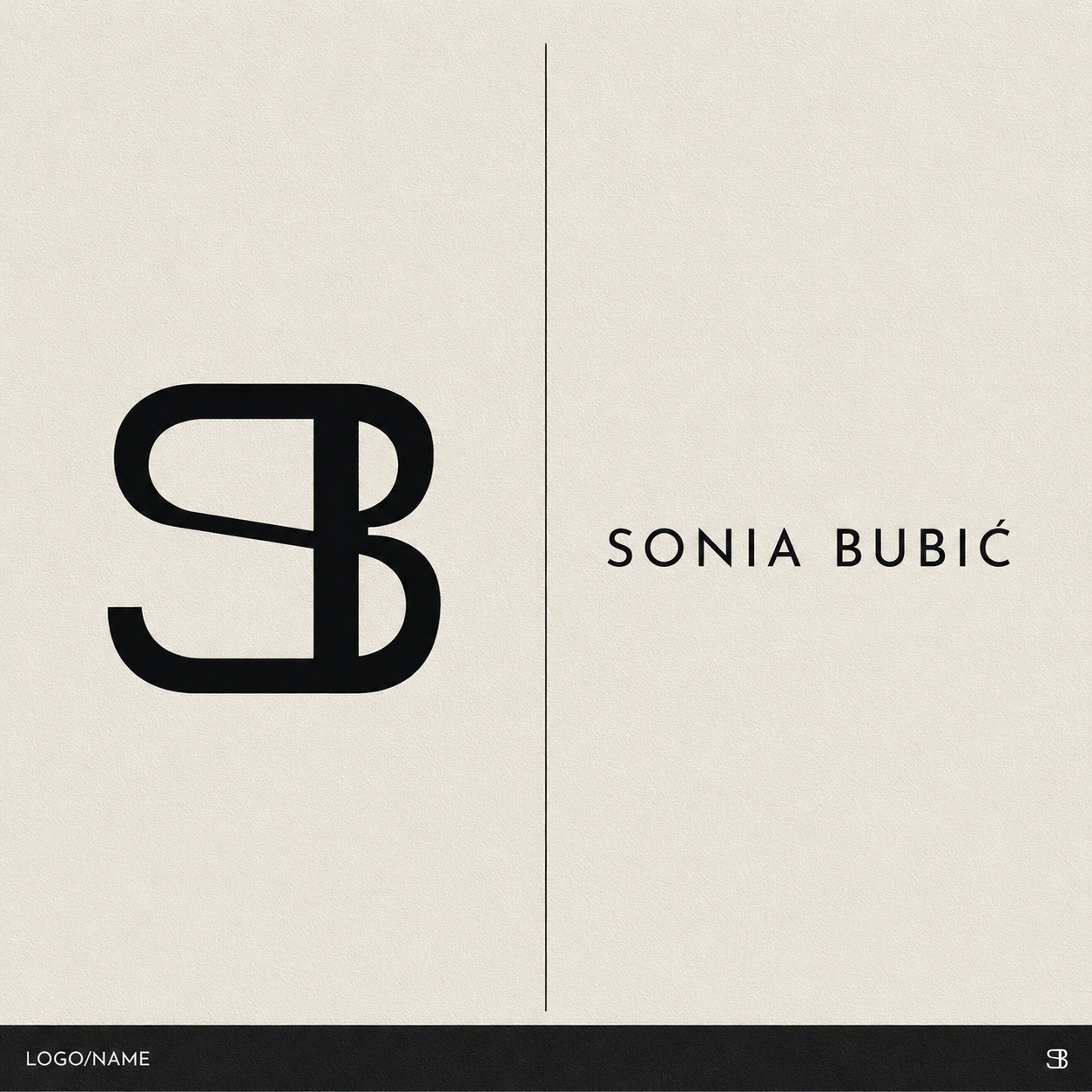 A logo featuring a stylized letter 'S' combined with the letter 'B' in black on a beige background. The right side displays the name 'Sonia Bubić' in black, uppercase letters.