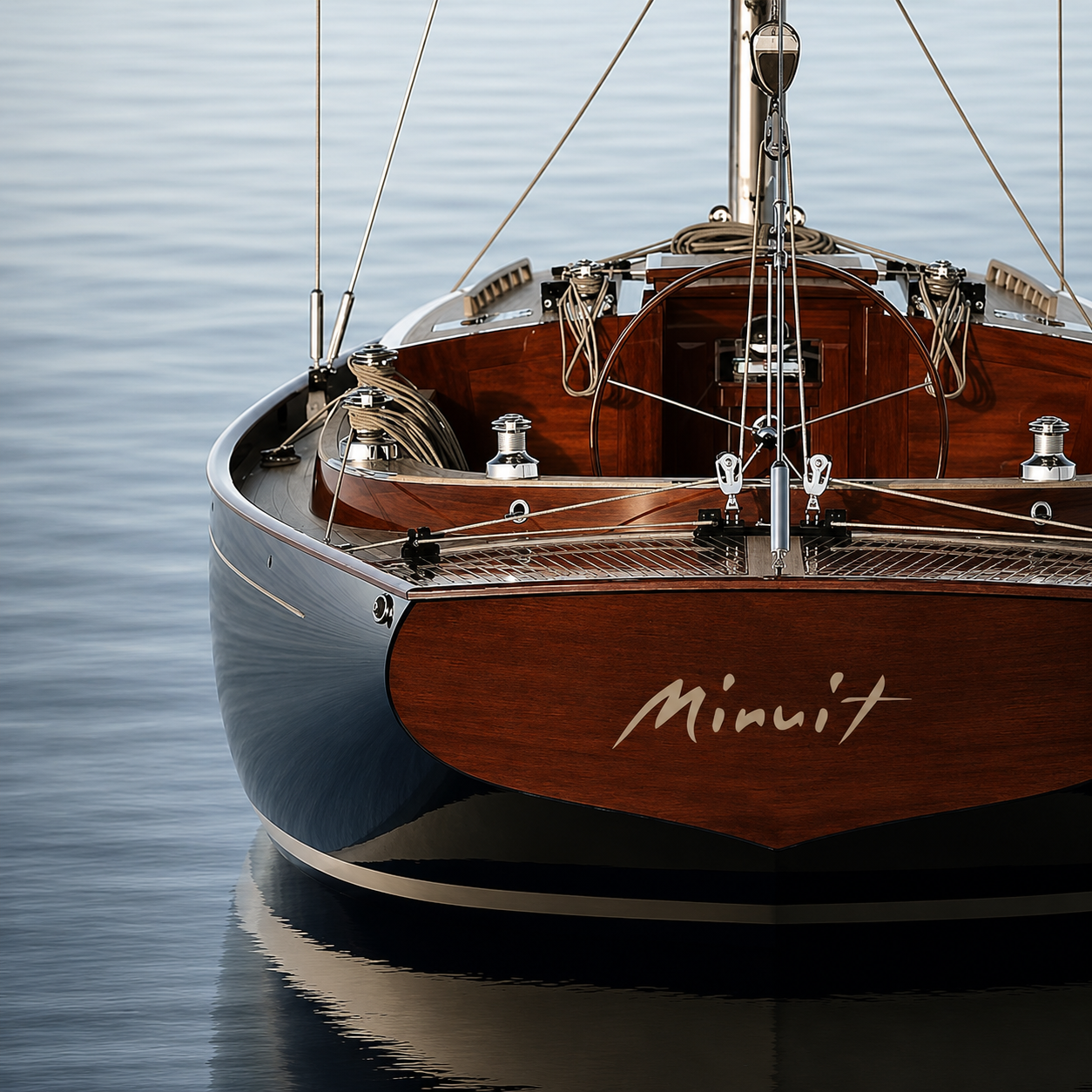 Close-up of the bow of a wooden sailboat named Miruit, floating on calm water, with rigging and sailing equipment visible.