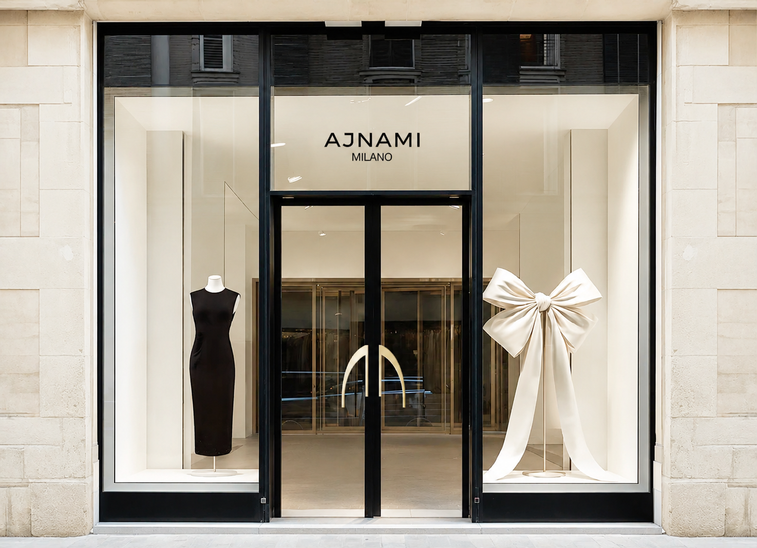 Storefront window display with the brand name AJNAMI MILANO, showcasing a black dress on a mannequin and a large decorative bow, with the interior of the store visible through the glass.