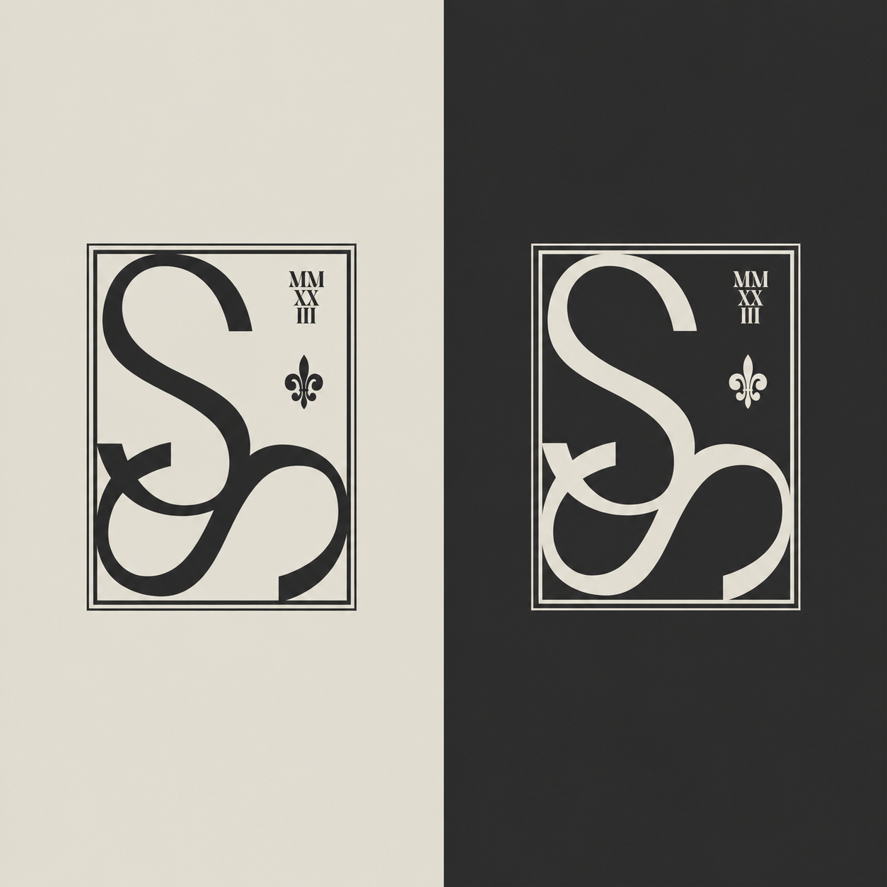 Comparison of two versions of a graphic design with a large stylized letter S, a small fleur-de-lis, and roman numerals, one on a light background and one on a dark background.