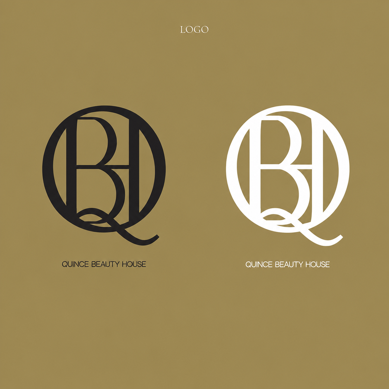Two versions of a logo for 'Quince Beauty House', one black and one white, on a gold background. Each logo consists of a circular monogram with the letters 'Q' and 'B' intertwined.