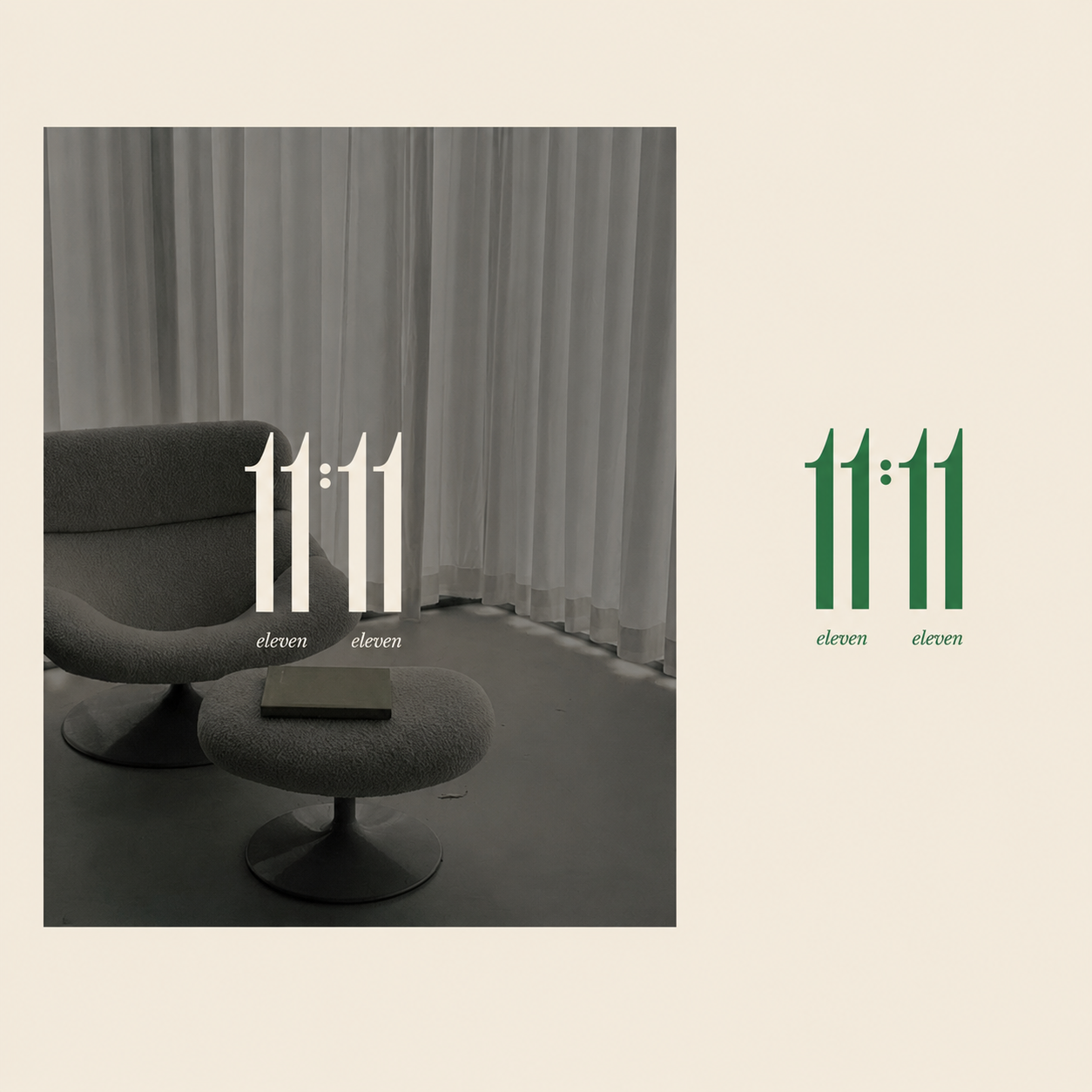 Comparison of two digital clocks displaying 11:11 with the word 'eleven' written below each, set against a background of a furnished room with a modern chair, ottoman, book, and curtains.