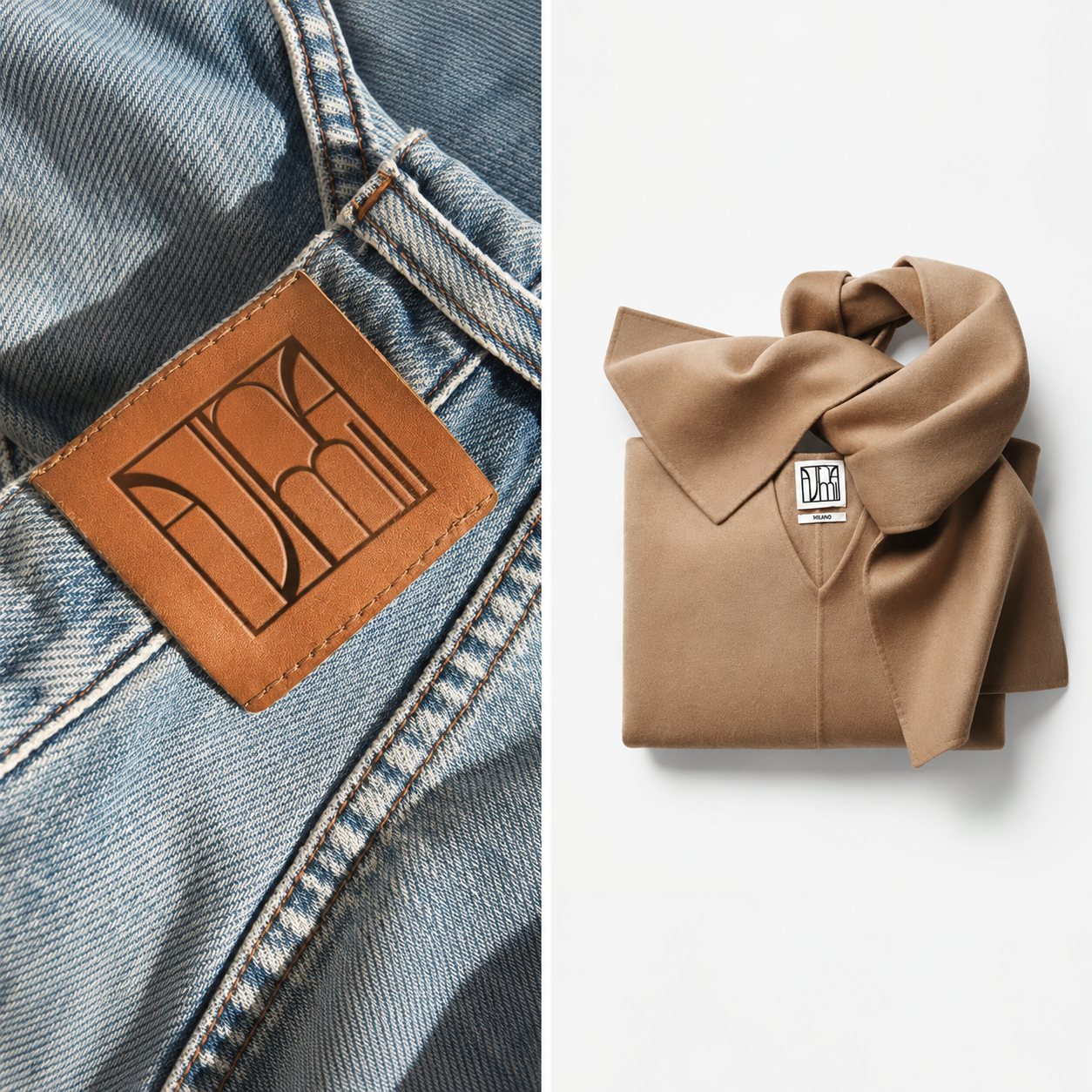 Close-up of a pair of blue denim jeans with a brown leather patch that has text on it, and a folded beige scarf or wrap on a white background with a tag that says 'Milano'.