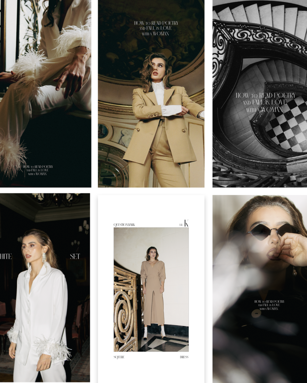 Fashion magazine spread featuring women in stylish outfits and accessories, including suits, dresses, sunglasses, and elegant settings with ornate architecture and grand staircases.