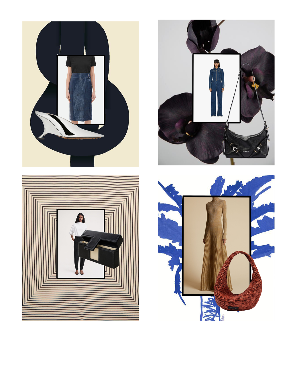 Collage of four fashion-themed digital images, each featuring a model in different outfits and accessories, with artistic backgrounds and overlapping decorative elements.