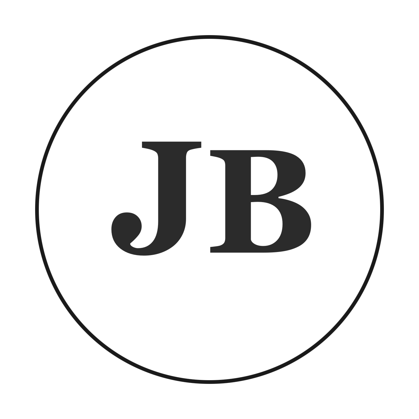 Black circular logo with a thin gray outline and the initials ‘JB’ in bold black letters at the center.