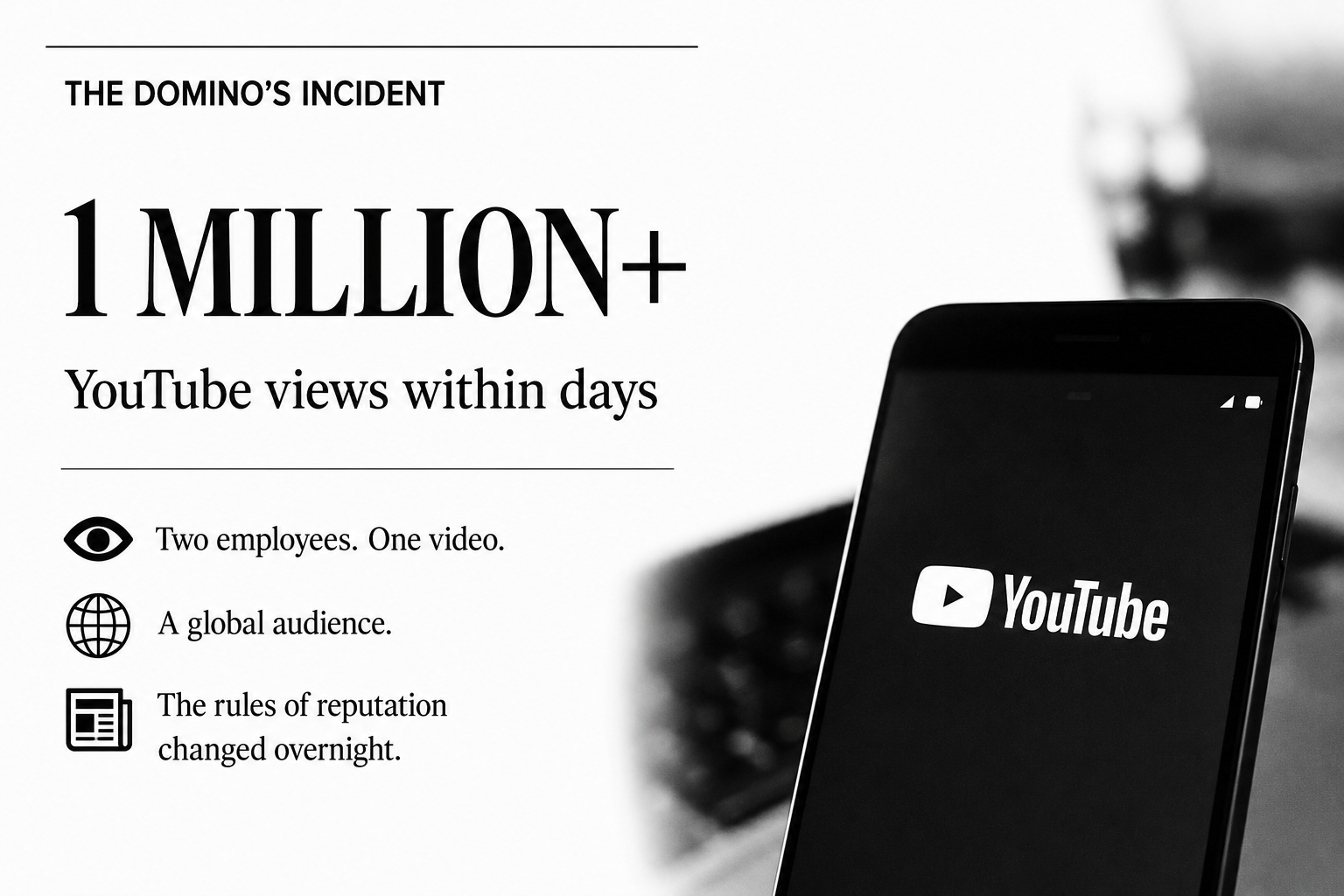 Editorial-style black-and-white graphic highlighting the 2009 Domino's crisis, featuring the statistic "1 million+ YouTube views within days" alongside a smartphone displaying the YouTube logo.