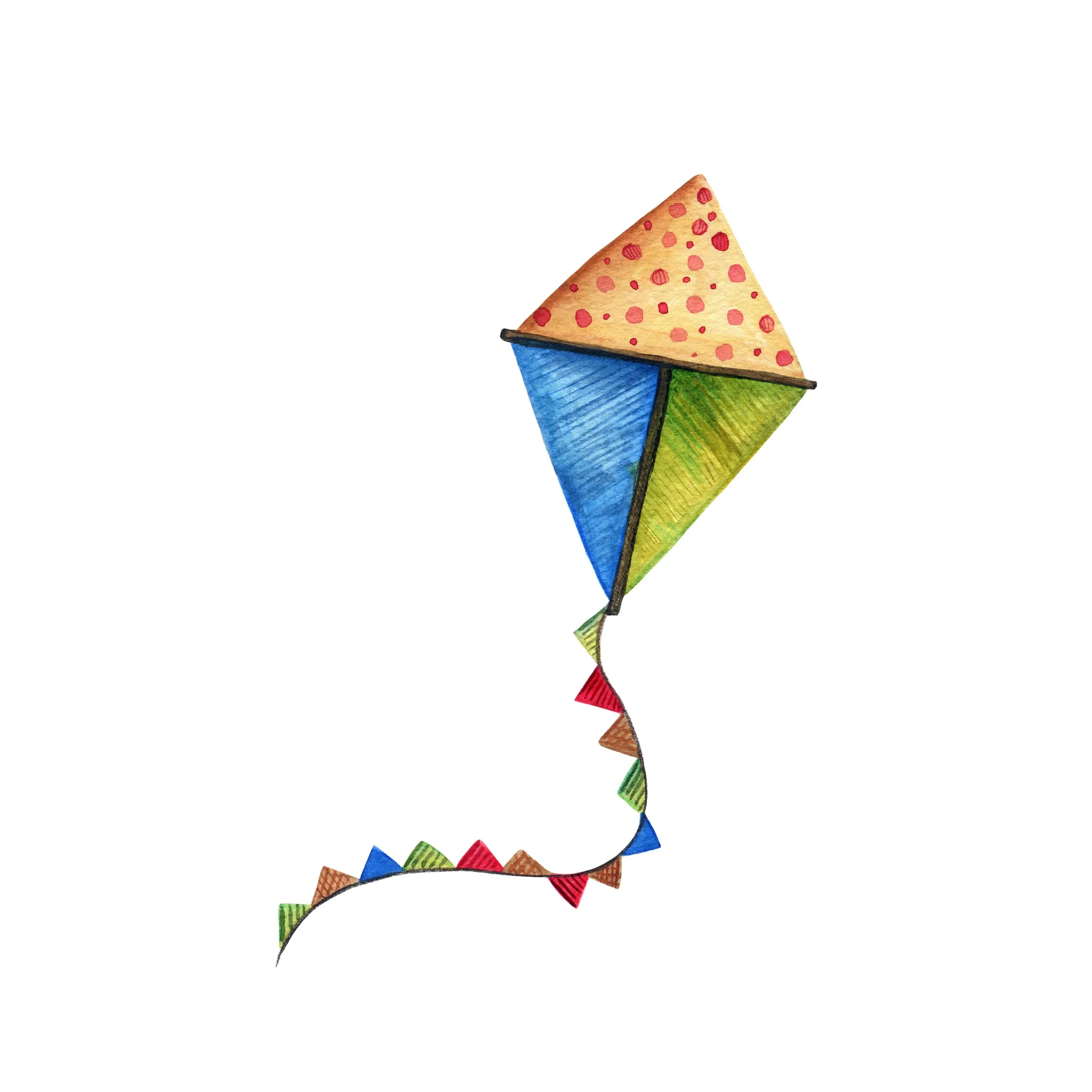A colorful, hand-painted string of triangular pennant banners in various colors including blue, green, red, orange, and yellow, hanging in a diagonal line.
