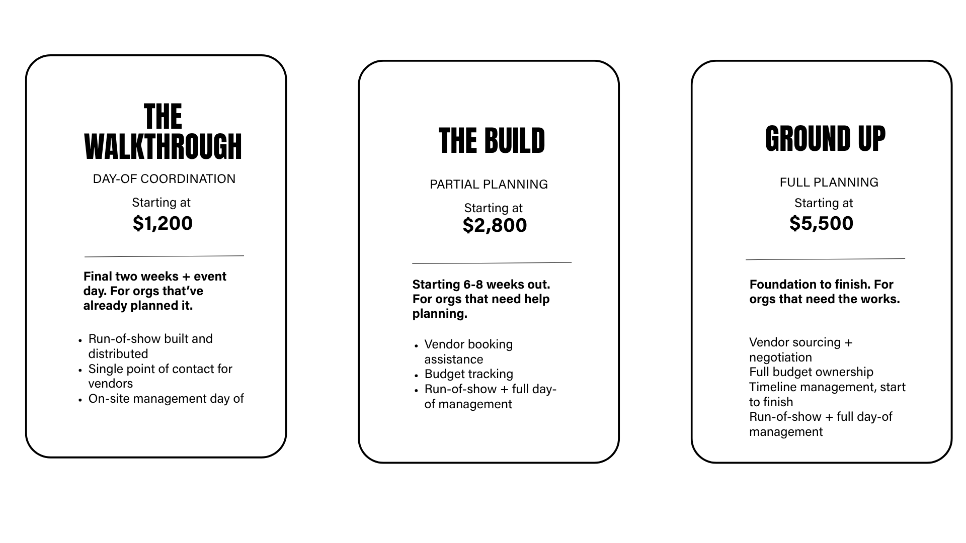 Comparison chart of three event planning packages: The Walkthrough, The Build, and Ground Up, detailing their features, pricing, and scope of work.
