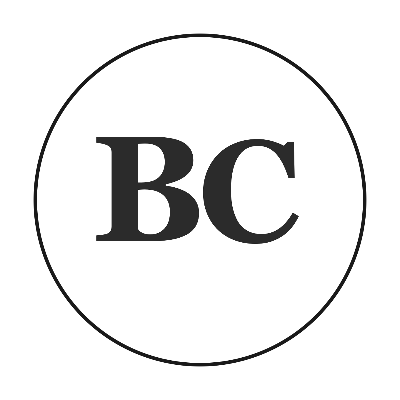 Black circle with large gray letters 'BC' centered inside.