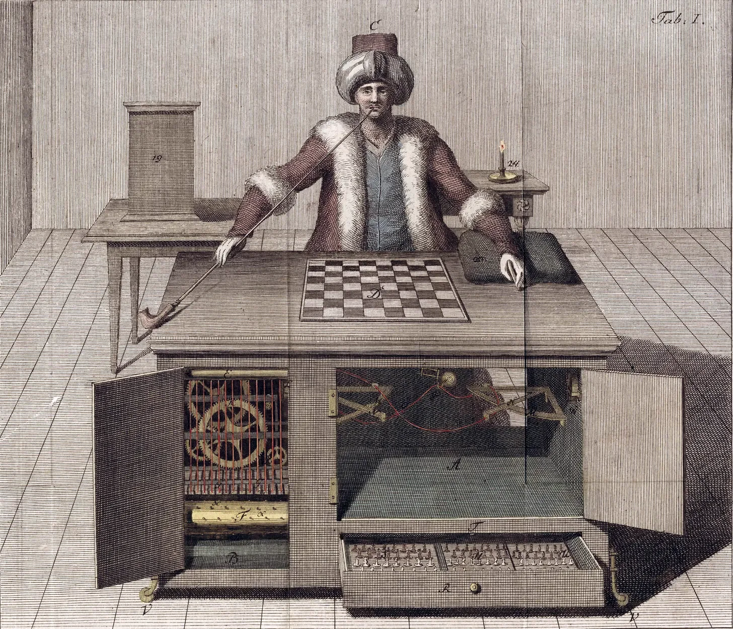 18th-century engraving of the Turk, a wooden cabinet chess-playing automaton with a robed, turbaned mannequin seated above it, one arm extended over a chessboard.