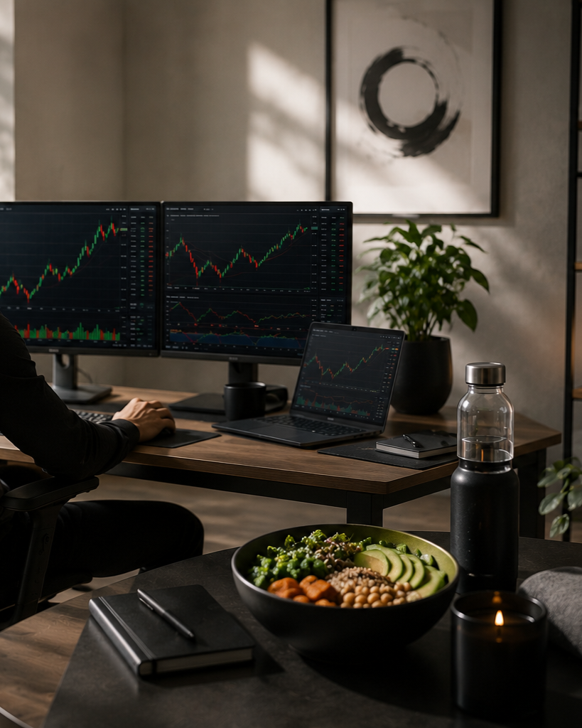 A person working at a desk with multiple monitors displaying stock charts, a laptop, a plant, a water bottle, a bowl of salad, a candle, and a notebook with a pen.