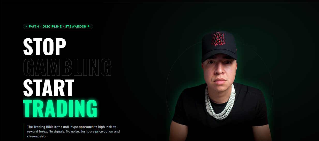 A young man wearing a black cap with red embroidery, a black T-shirt, and a silver chain necklace, against a dark background with a glowing green circle around his head. Text on the left encourages stopping gambling and starting trading, with a subtitle about the trading Bible and its approach to forex.