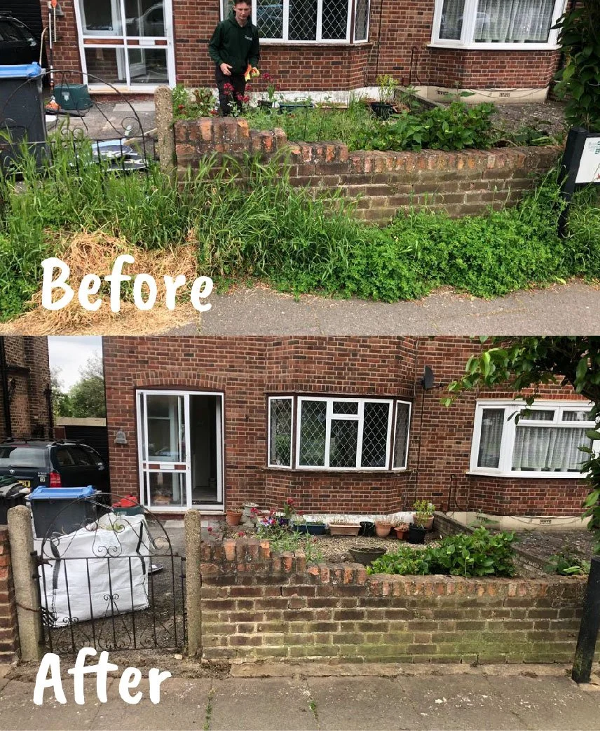 Side-by-side comparison of a garden before and after cleanup. The 'before' image shows overgrown weeds and grass in a garden bed within a brick fence. The 'after' image shows a cleared garden with no weeds, new potted plants, and a clean sidewalk.