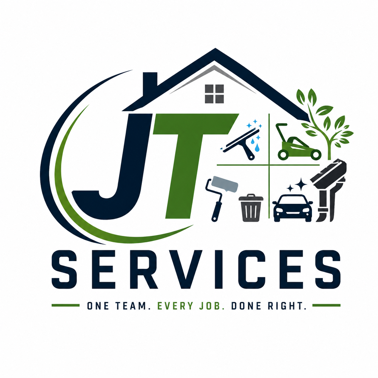 Logo for JT Services featuring a house outline with icons representing cleaning, gardening, and home maintenance, along with the text "JT SERVICES" and the slogan "One team. Every job. Done right."