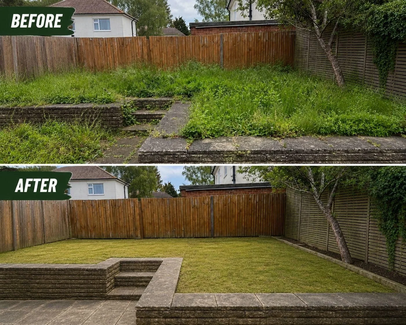 Comparison of a backyard before and after landscaping, showing overgrown grass and weeds in the 'before' image and a freshly mowed lawn with a paved patio area in the 'after' image.