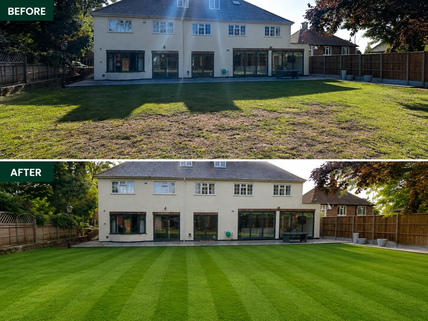 Comparison of a backyard before and after lawn renovation. The top image shows a patchy, sparse lawn with uneven grass and dirt areas. The bottom image shows a lush, green, evenly striped lawn. Both images depict the back of a house with a patio, fence, and trees on the sides.