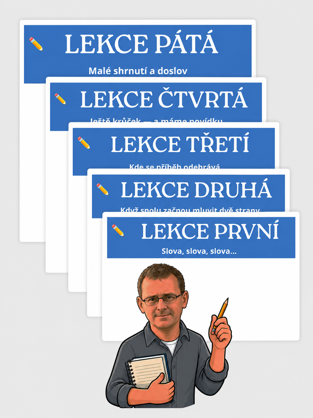 Set of educational signs in Czech language, labeled from first to fifth lessons, with a cartoon man holding a notebook and pointing with a pencil.