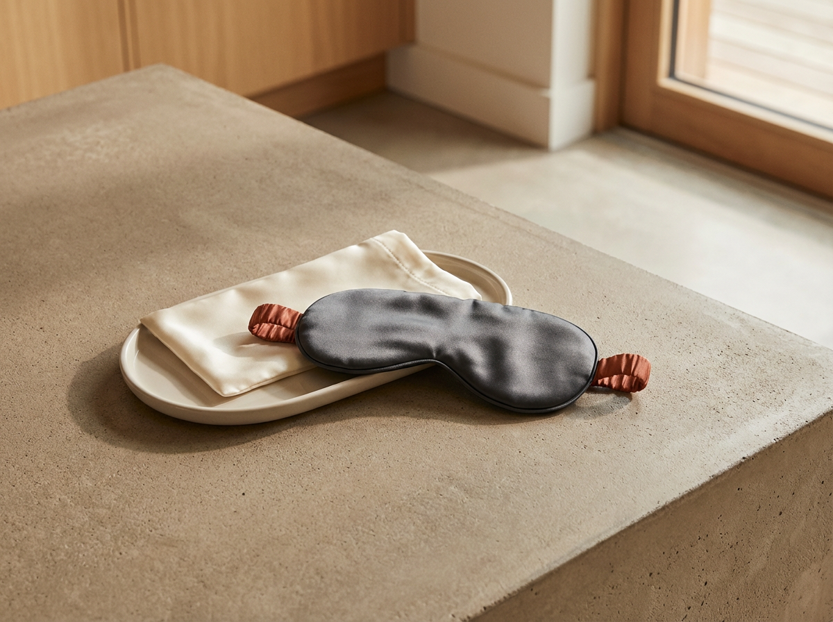 Sleep mask with a dark gray satin finish and an elastic strap, resting on a white silk pillowcase on a beige countertop.
