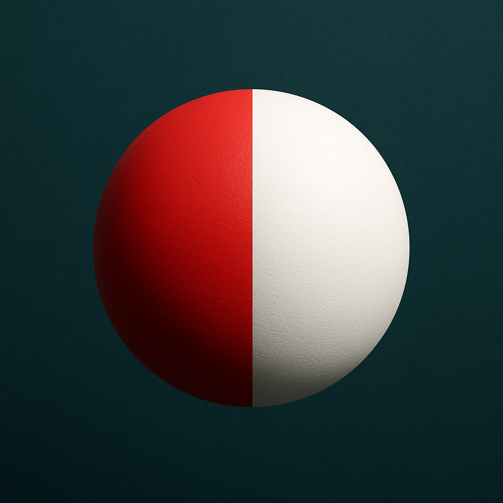 A 3D sphere divided into two equal halves, one red and one white, set against a dark background.