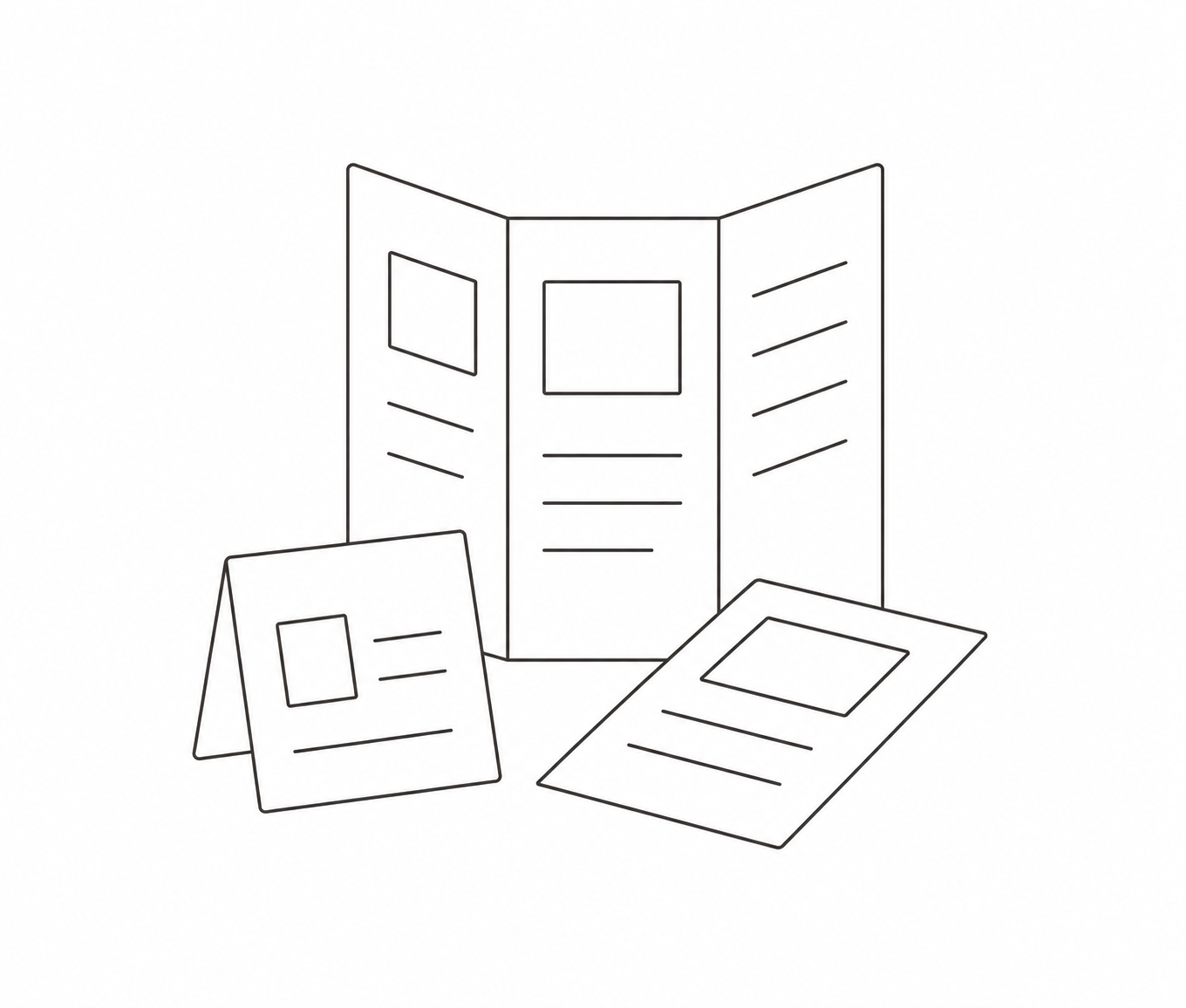 Line drawing of a tri-fold brochure stand with brochures and flyers displayed.