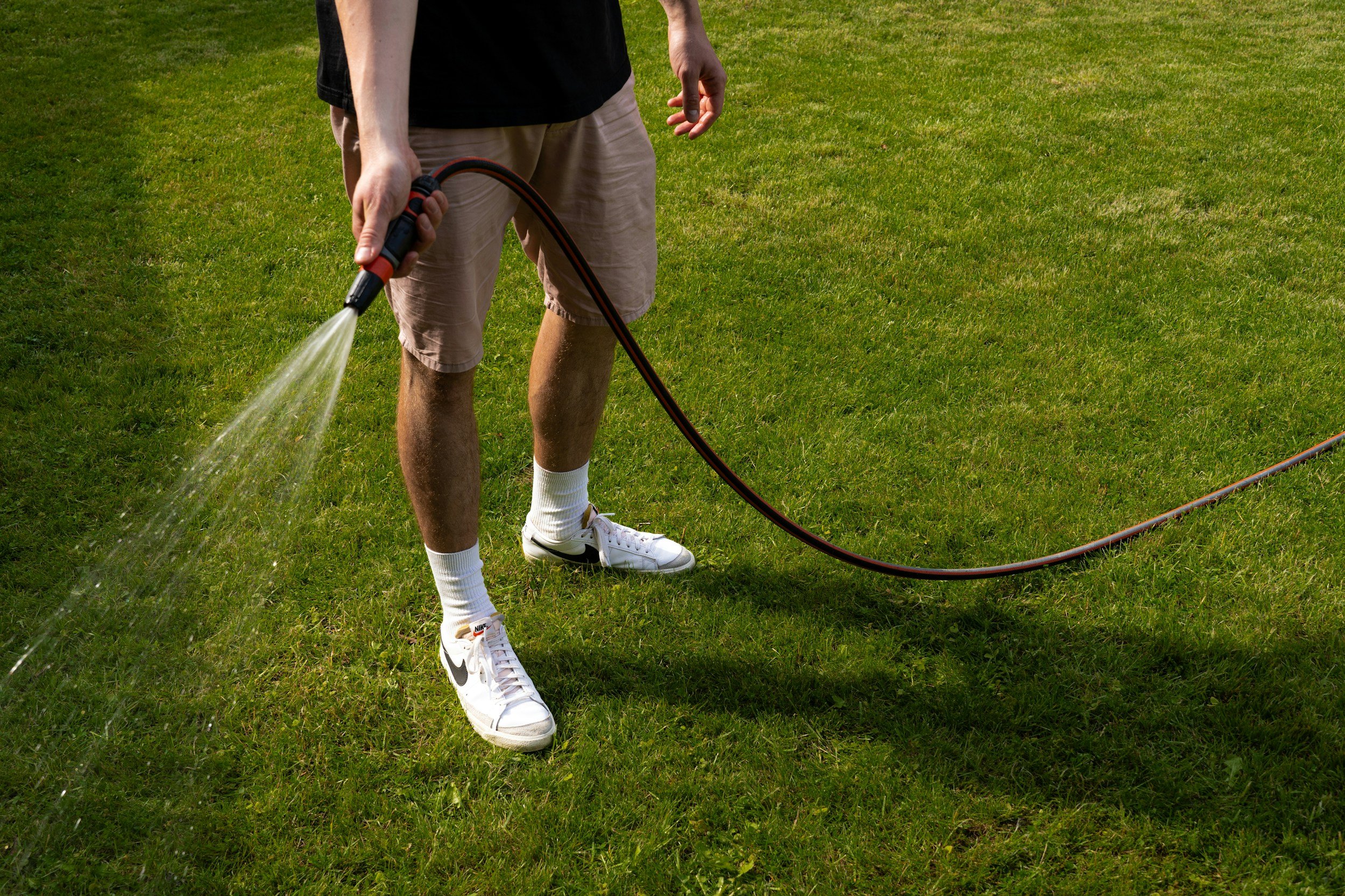 Person watering grass with a hose on a sunny day, wearing beige shorts, a black t-shirt, white sneakers, and white socks.
