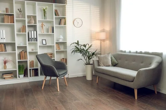 Living room with a gray sofa, a dark gray chair, a large white bookshelf filled with books and decor, a potted plant, a floor lamp, and a wall clock with blinds covering the window.
