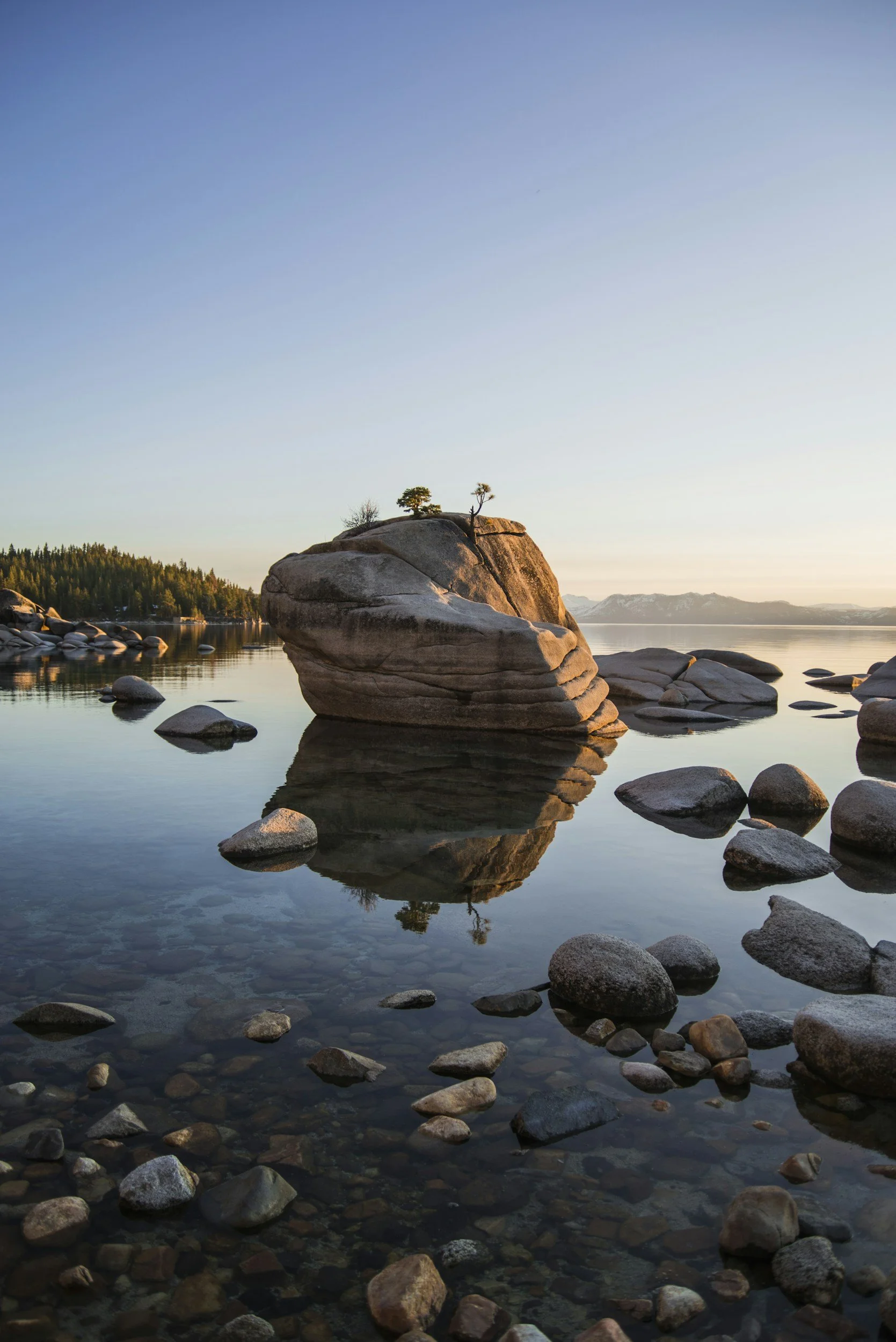 A large boulder with small trees growing on top of it, reflected in calm water surrounded by smaller rocks, with a forest and mountains in the background during sunset.